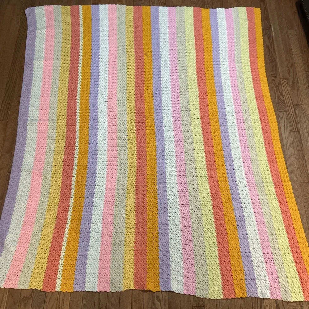 Handmade Multi Colored Striped Afghan Throw Blanket Scallop Edge Granny 72